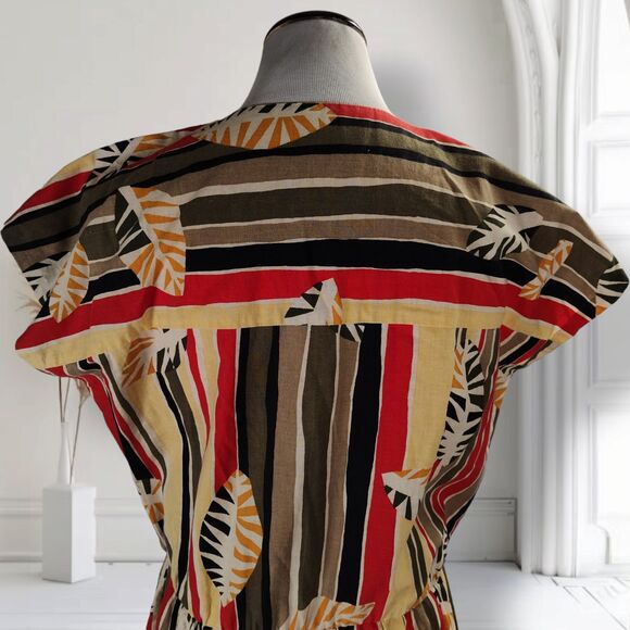 Vintage 80s Dolman Sleeve Midi Dress Size L Striped Leaf Safari Print - Picture 7 of 11
